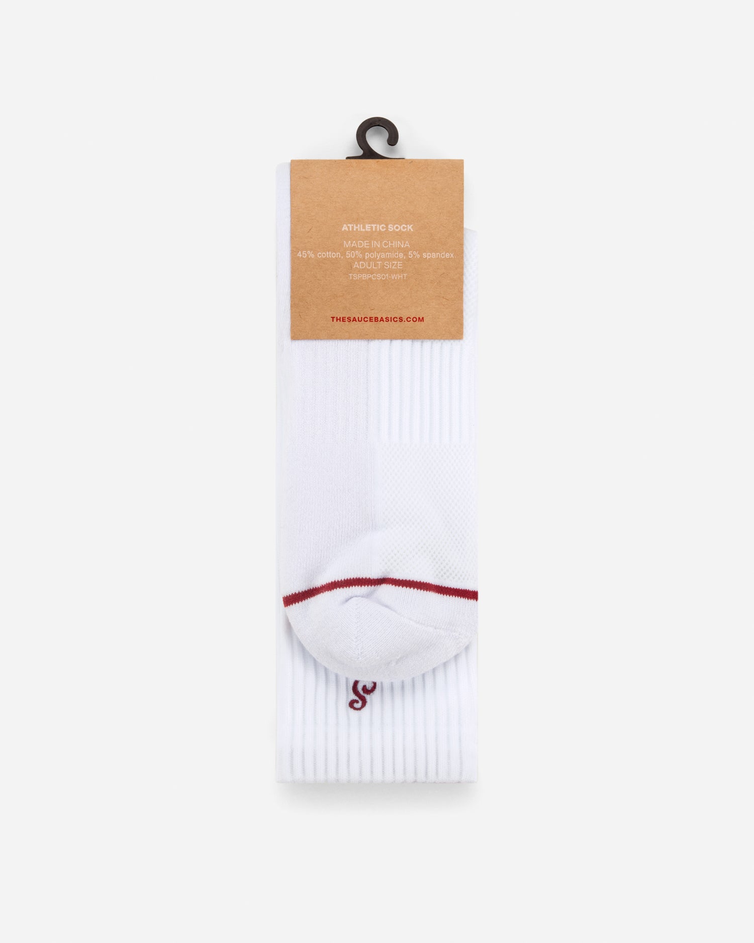 White sock with red trim on a white background