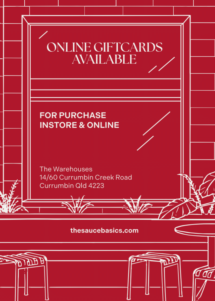 A red promotional graphic with white line art and text stating 'ONLINE GIFTCARDS AVAILABLE' and 'FOR PURCHASE INSTORE & ONLINE,' plus the address 'The Warehouses 14/60 Currumbin Creek Road Currumbin Qld 4223' and 'thesaucebasics.com.