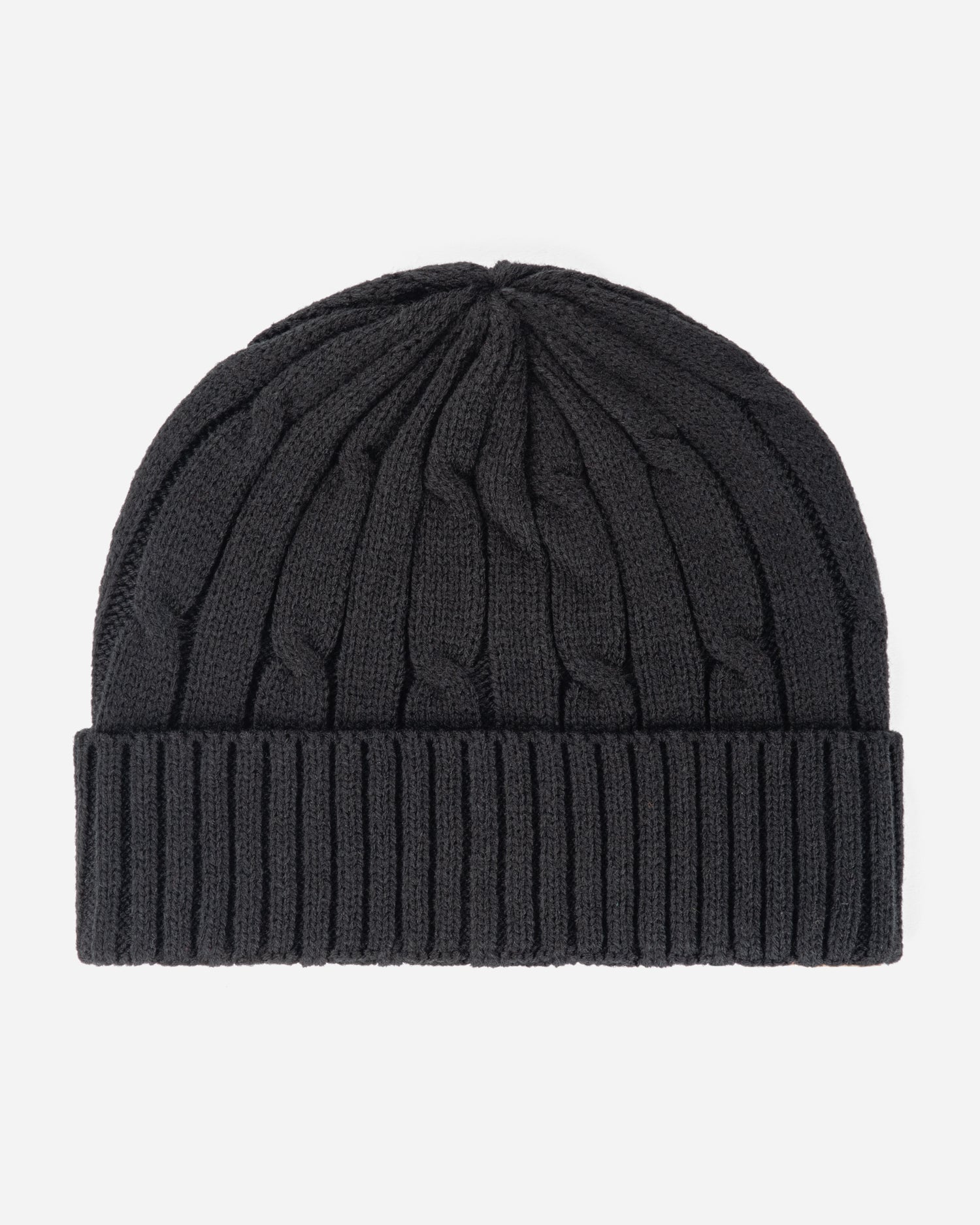 Black knit beanie on a light gray background