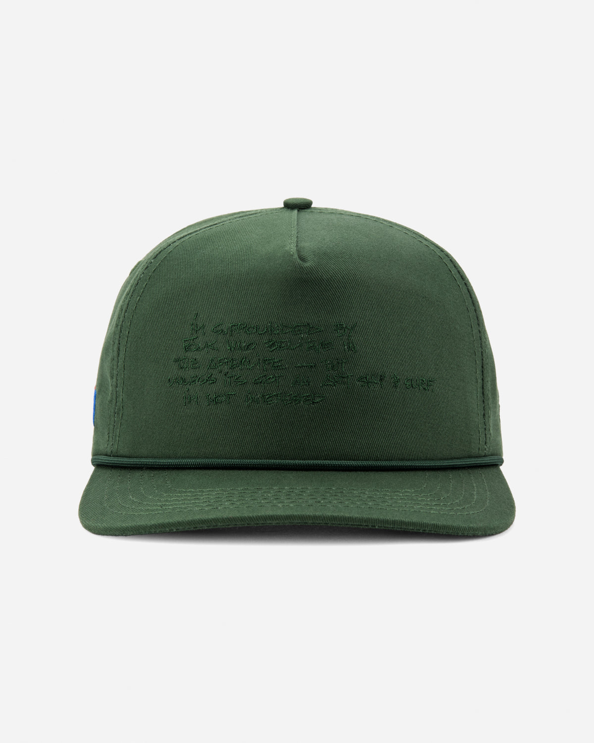 An olive green flat-brim cap with embroidered text on the front, photographed against a clean white background.