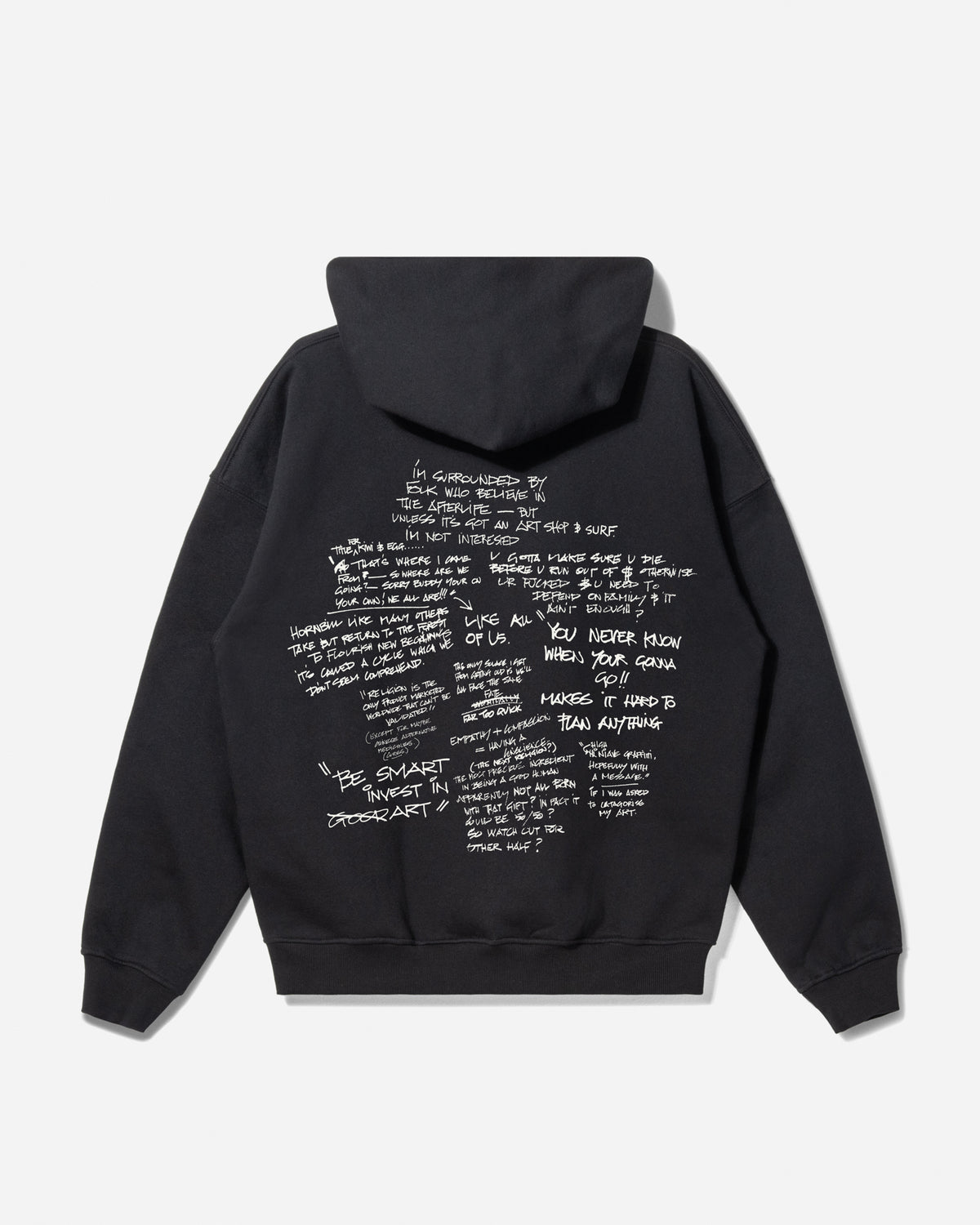 A black pullover hoodie shown from the back, featuring a large white handwritten-style text collage printed across the back, displayed against a light gray background.