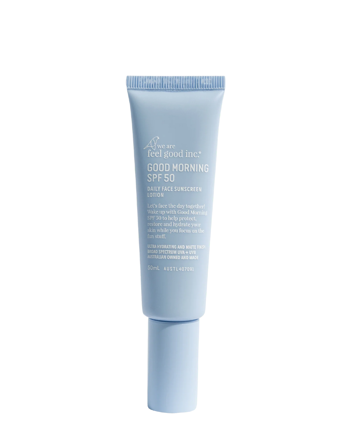 Blue skincare tube labeled 'Good Morning SPF 50' on a white background
