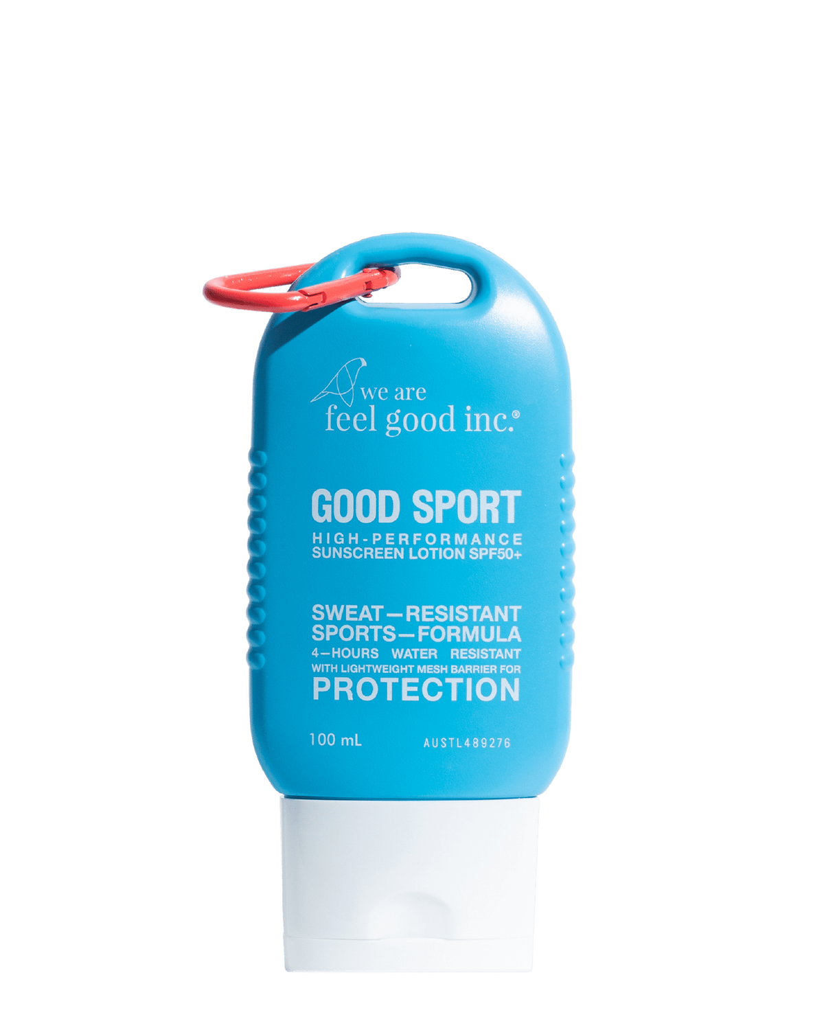 A 100 mL bottle of 'feel good inc.' Good Sport sweat-resistant sports sunscreen, featuring a bright blue body, a white flip-top cap, and a red carabiner clip, shown against a solid dark green background.