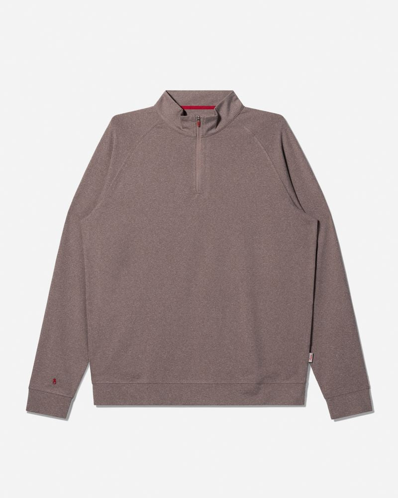 A long-sleeve quarter-zip pullover sweatshirt in a heathered taupe-brown color, featuring a mock neck collar and a small red embroidered polo player logo on the left sleeve cuff, shown against a light gray background.