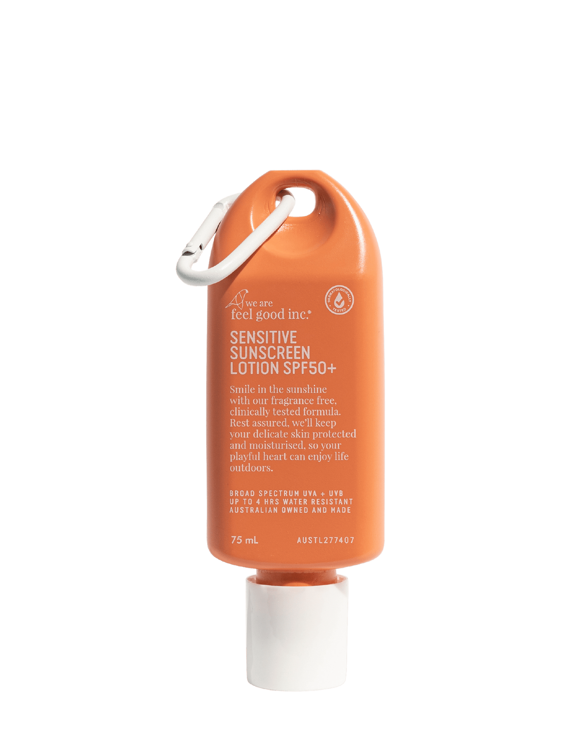 Orange sunscreen bottle with carabiner on a green background